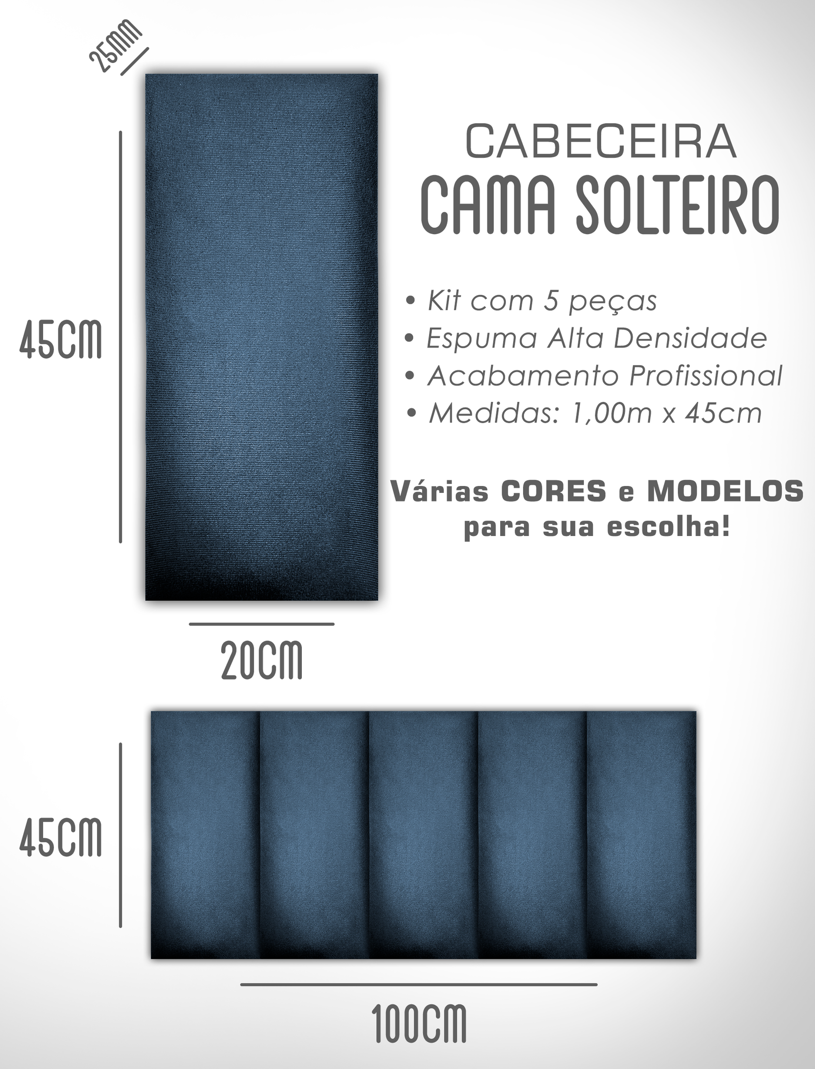 Kit 5 Cabeceiras de Cama Solteiro Estofada Modulada 1,00mx45cm - 5