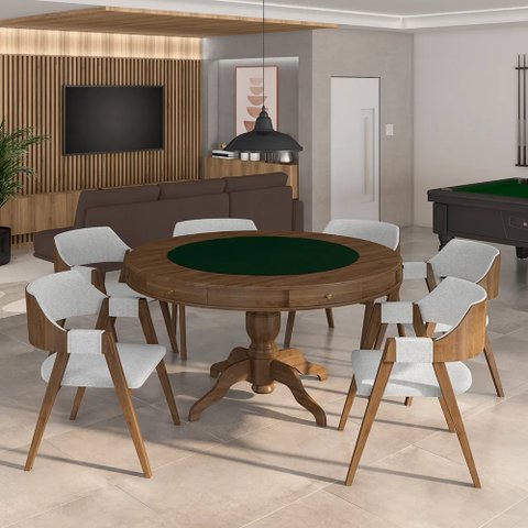 Conjunto Mesa de Jogos Bellagio e 6 Cadeiras Madeira Poker Base Estrela Linho Cinza/nogueira