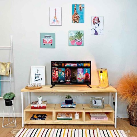 Rack de TV Industrial de Ferro e Madeira Style Square 3 Nichos Uno Natural e Branco