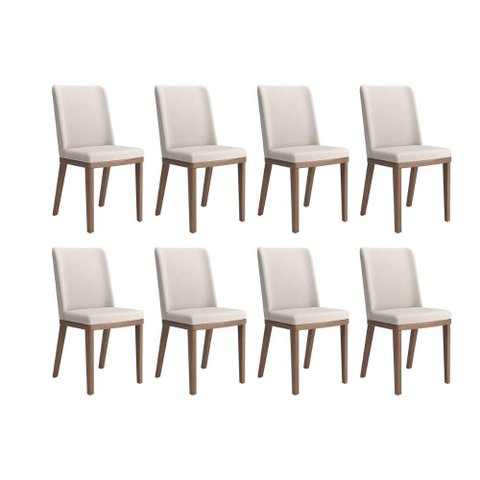 Conjunto de 8 Cadeiras de Madeira Maciça Kalina Natural com Linho Off White