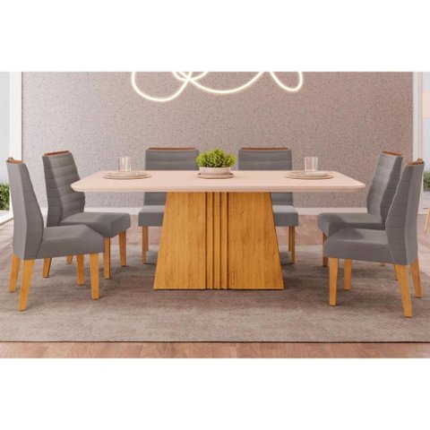 Sala de Jantar Completa Itália Tampo Madeirado C/ Vidro Curvo 170x90cm e 6 Cadeiras Ondina Cedro/