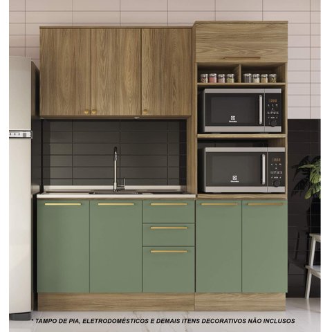Armário de Cozinha Modulada Completa Reta 3 Peças 1,90m Botanic Kappesberg - Nogueira/Verde Oliva