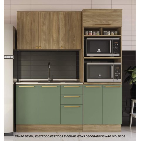 Armário de Cozinha Modulada Completa Reta 3 Peças 1,90m Botanic Kappesberg - Nogueira/verde Oliva