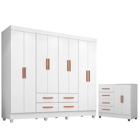 Guarda Roupa Casal Porto com Cômoda Lite 4 Gavetas 2 Portas Branco Brilho – Móveis Leão