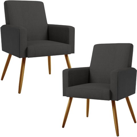 Kit 02 Poltronas Decorativa Maria W01 Pés Palito Linho Chumbo Couríssimo Preto - Lyam Decor