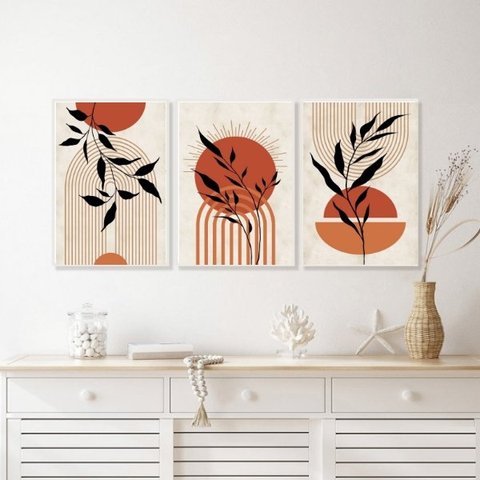 Kit 3 Quadros Bohos Folhas e Círculos Terracota 45x34cm:madeira Branca