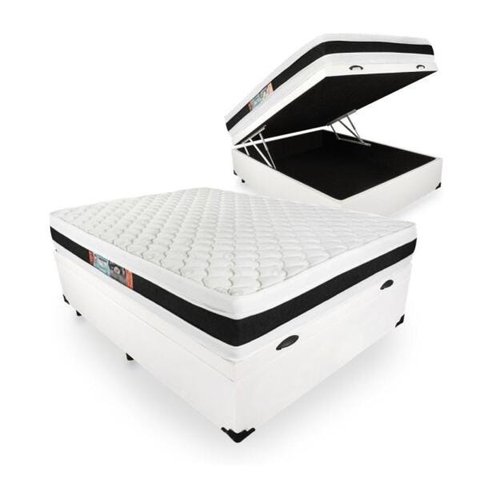 Cama Box Baú Casal + Colchão Espuma D45 Castor Black White Double Face 138x188x69cm