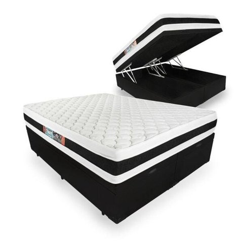 Cama Box Baú Queen + Colchão Espuma D45 Castor Black White Double Face 158x198x69cm
