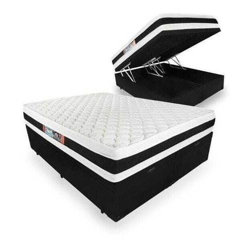 Cama Box Baú Super King Preta + Colchão Espuma D45 Castor Black & White D45 Double Face 193x203x