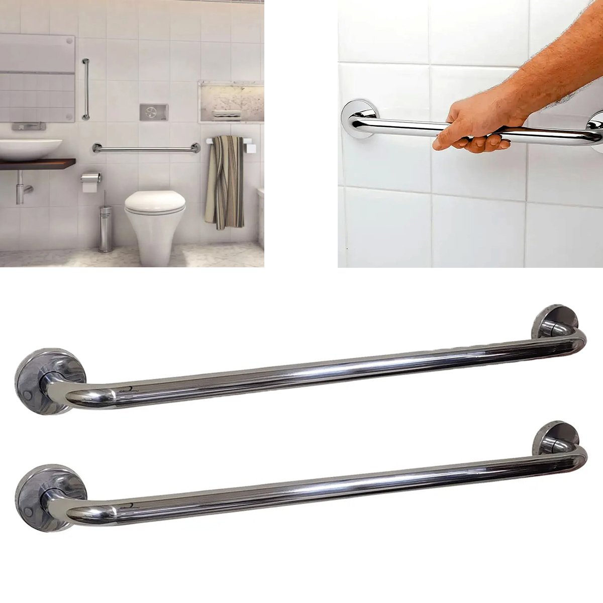 Barra Alça Apoio Kit 2 Uni Aço Inox 50 Cm Anti Queda Evita Acidente Segurança Idoso Gestante Pcd Cad