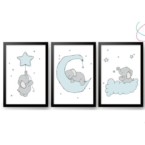Quadro Decoração Infantil Elefante Bebê Estrelas Lua:preta