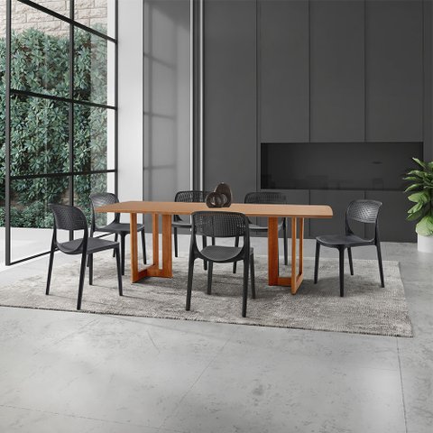 Conjunto Sala de Jantar Mesa Patros 180cm Madeira Tampo Laminado Barril com 6 Cadeiras Zoe Moderna M