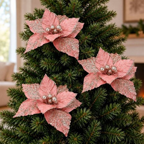Flor Natal Rosa Gold Decoração Enfeite Gliter 25cm Kit 6PÇS