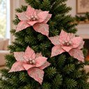 Ver imagem 1 de Flor Natal Rosa Gold Decoração Enfeite Gliter 25cm Kit 6PÇS