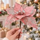 Ver imagem 2 de Flor Natal Rosa Gold Decoração Enfeite Gliter 25cm Kit 6PÇS