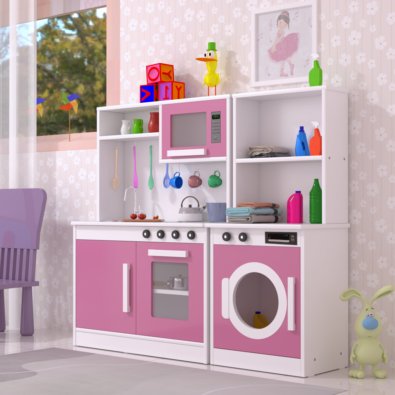 Mini Cozinha Infantil + Maquina Lavar Rosa 100% Mdf - 3