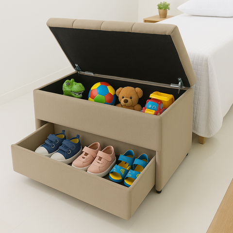 Puff Baú Gaveta (sapateiro Infantil) 70x50x45cm na Cor Bege Claro Veludo Liso