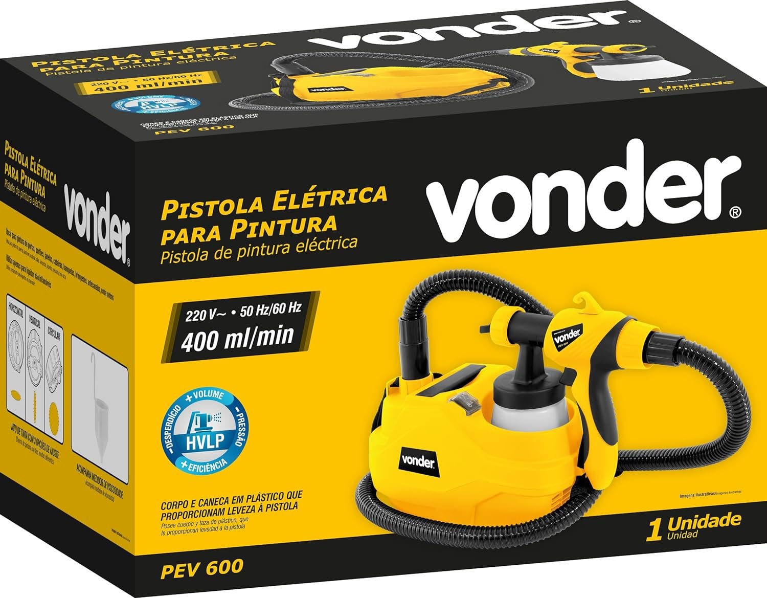 Pistola para Pintura Elétrica Pev 600 1,8mm 420w 220v Vonder Hvlp Jato 3 Opções Ajuste Volume Tinta - 5