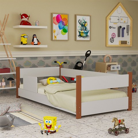 Cama Montessoriana Serena com Colchão com Grade Lateral e Reforçada - Branco/Mel