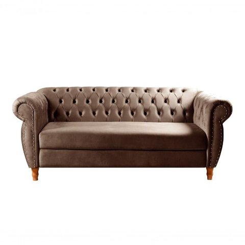 Sofá Nobreza 3 Lugares Fixo 203cm Marrom Veludo Bella Decor para Sala Clássica