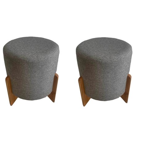 Kit 2 Puffs Redondo para sala e quarto decorativo luxo base madeira 3 pés tecido linho Cinza