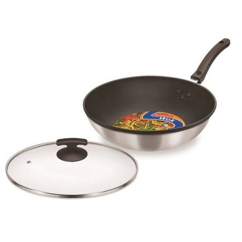 Wok Antiaderente com Cabo 30 cm  e Tampa - Escovado