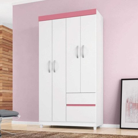 Guarda Roupa Solteiro 4 Portas Lotus 42060 Branco Rosa Flex Demóbile