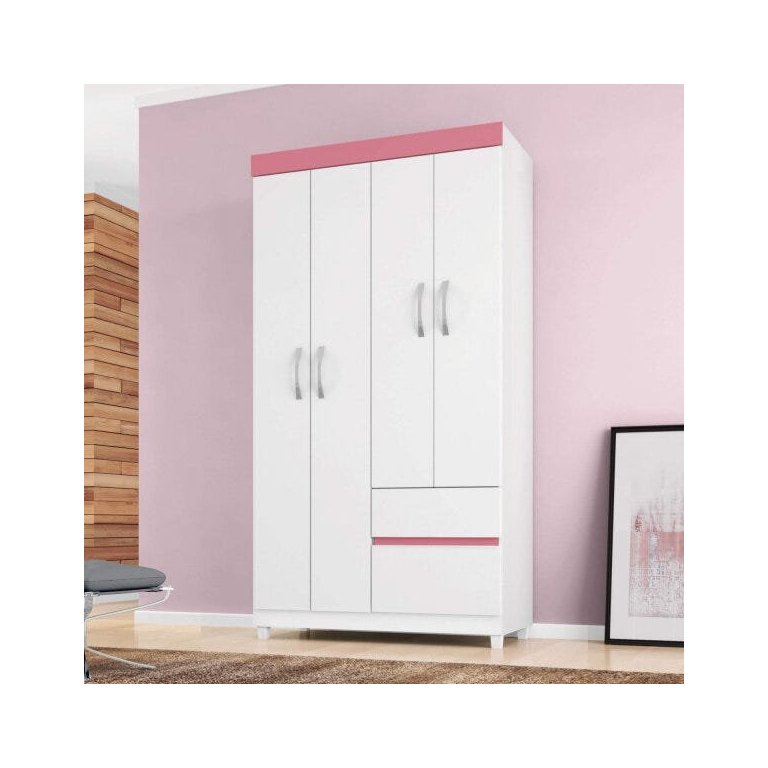 Guarda Roupa Solteiro 4 Portas Lotus 42060 Branco Rosa Flex Demóbile