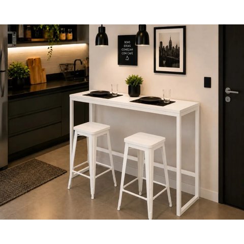Mesa Jantar Aparador Bancada Alta Industrial 160x70cm Tampo Branco Pés Branco