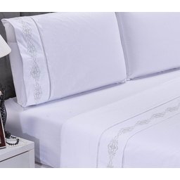 Lençol Padrão Casal Bordado 400 Fios Diamante Branco e Cinza 4pç - 3