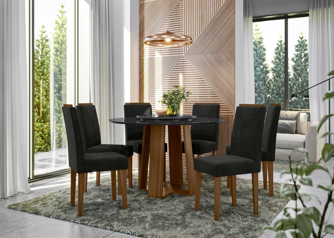 Conjunto Mesa Isabela com Tampo Giratório 135cm com 6 Cadeiras Amanda - Imbuia / Preto / VL07 - 1