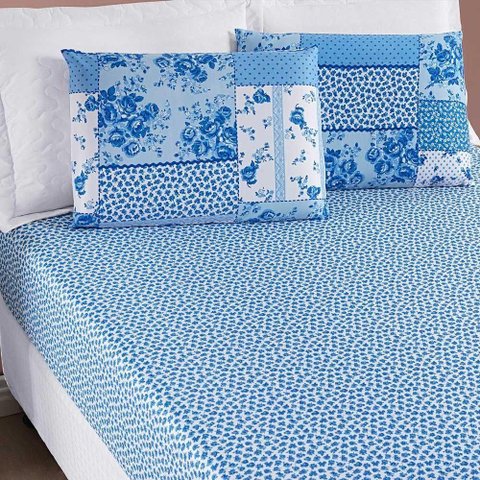 Jogo de Cama Lençol Dallas Solteiro Microfibra 2 Peças - Azul Sereno Patchwork