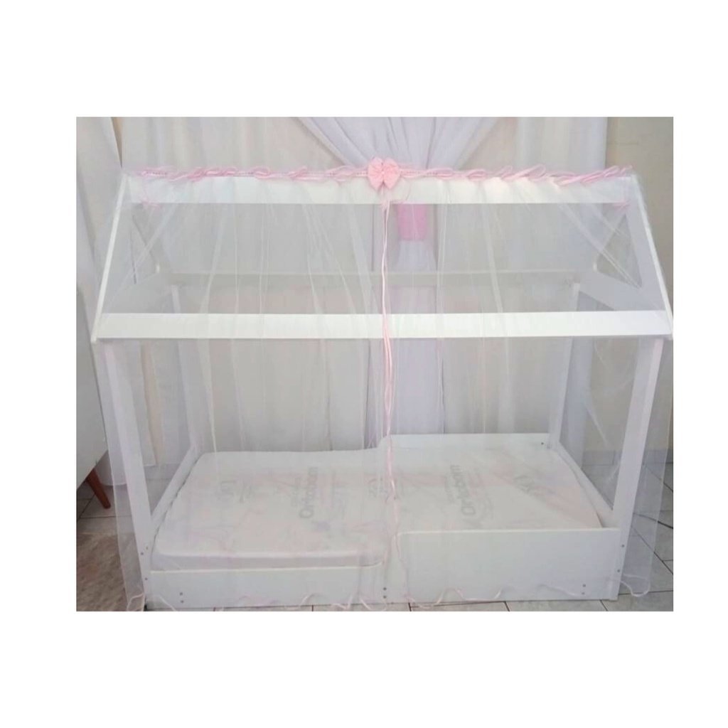 Mosquiteiro Avulso Montessoriano Padrão Tule Branco 1.50 x 1.60 Laço Rosa