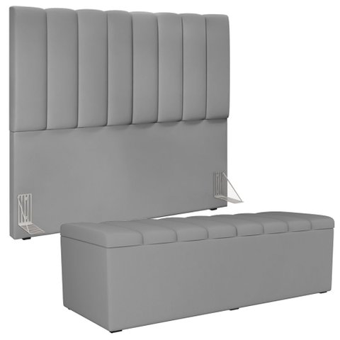 Kit Cabeceira Cama Box Casal 140cm com Calçadeira Recamier Baú Dália W01 Facto Cinza - Lyam