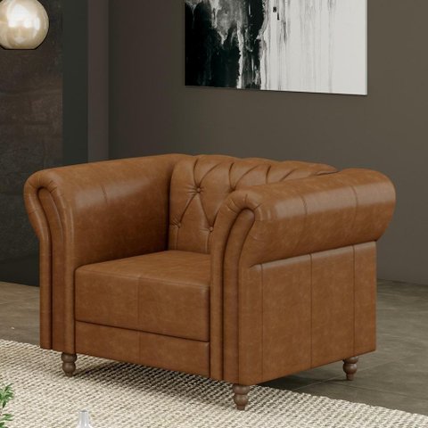Poltrona Decorativa Stanford Chesterfield Pés de Madeira Couro Mel Manchado G58 Gran Belo