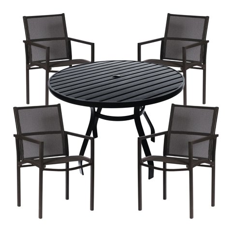 Conjunto de Mesa Ripada 1,20m + 4 Cadeiras Piscina Jardim Tela Sling Alumínio Preto