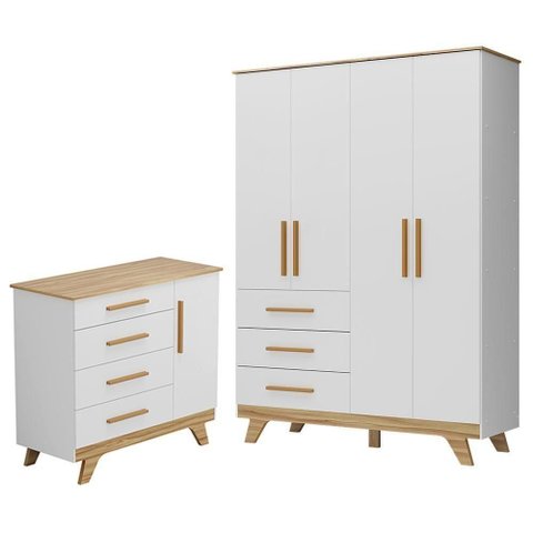 Jogo de Quarto Infantil Retrô Guarda Roupa e Cômoda Branco Brilho/amêndoa - Móveis Peroba