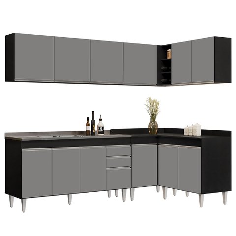 Armário de Cozinha Modulado de Canto 6 Peças Cp33 com Pia Inox Preto/cinza - Lumil Lumil Móveis