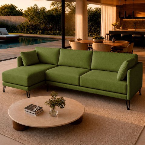 Sofá Sala de Estar Atena Chaise Esquerdo Pés de Ferro 224cm 4 Lugares Bouclê Verde Claro M1 - Monari