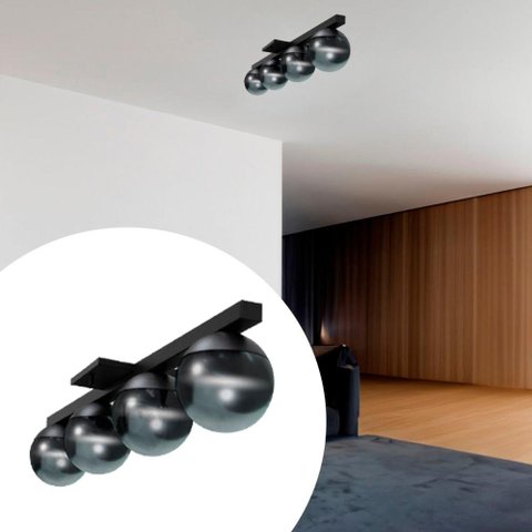 Pedente Lustre Plafon Sobrepor Jabuticaba Preto com 4 Globos Vidro Fumê 10cm