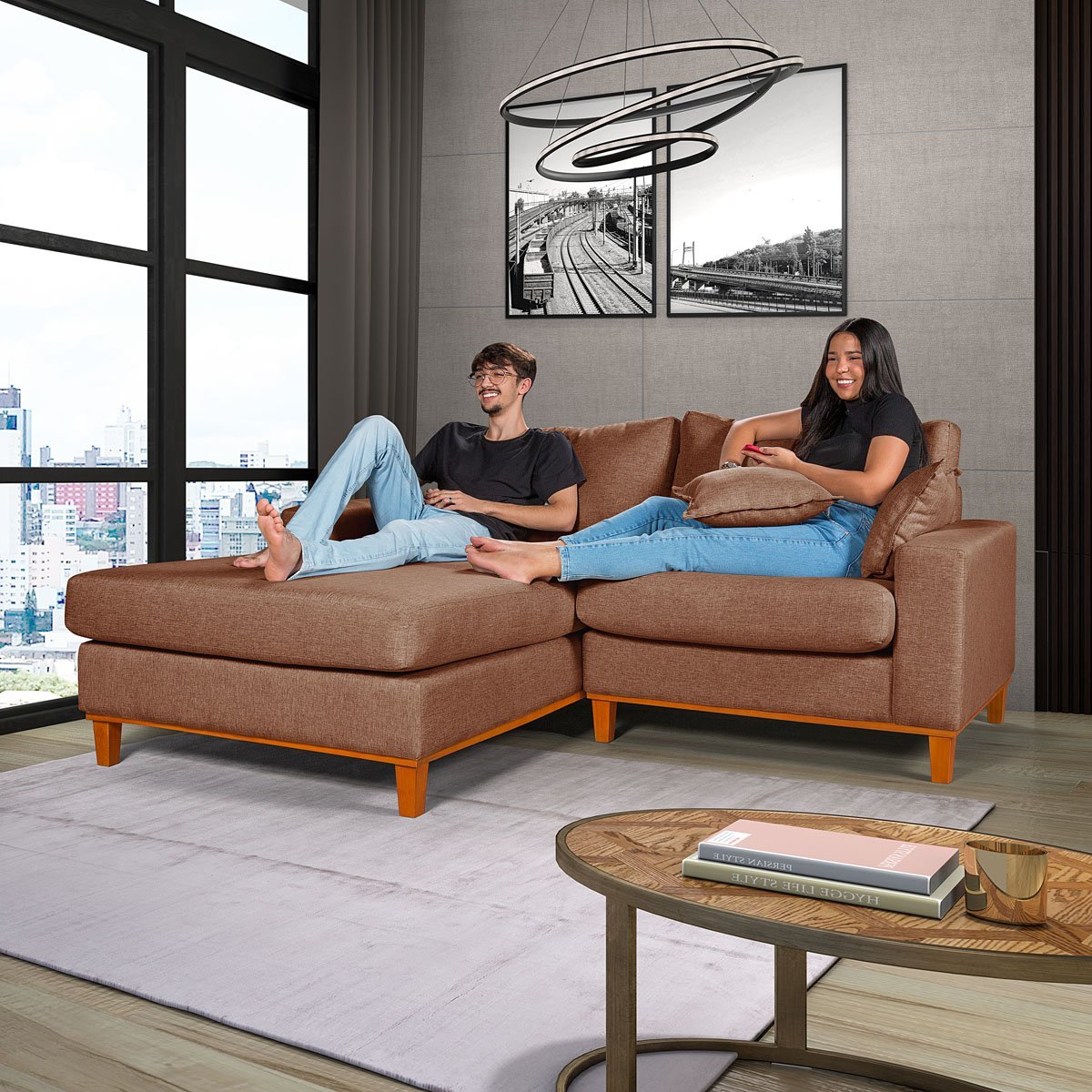 Sofa Living 2 Lugares Chaise Revestido Linho Base em Madeira:marrom/direito - 2