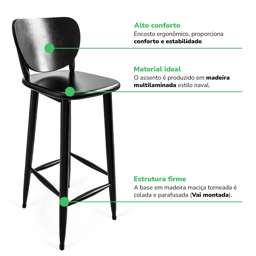 Banqueta Alta Preta com Encosto Anatômico em Madeira para Balcão Cozinha - Tambo - 6