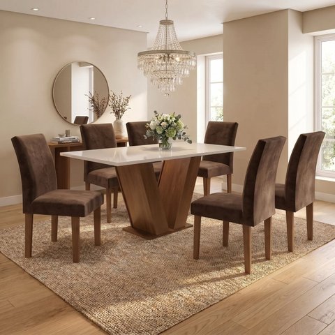 Conjunto Mesa de Jantar 6 Cadeiras em MDF Tampo Vidro Casuá Chocolate/Off White/Marrom Espanha