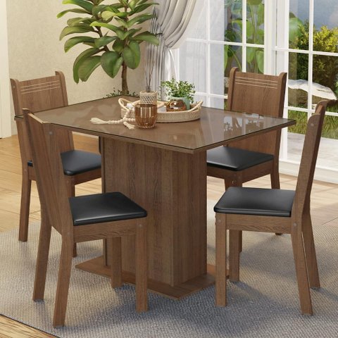 Conjunto Sala de Jantar Mesa Tampo de Vidro 4 Cadeiras Madesa
