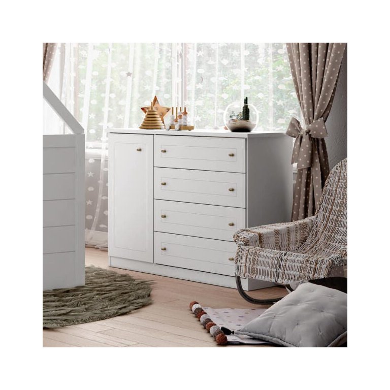 Cômoda Infantil Americano com 4 Gavetas e 1 Porta - Branco