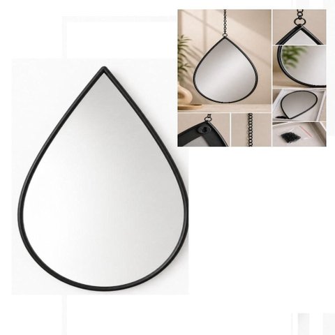Espelho de Parede Decorativo Gota Preto 29x19cm Pendente Moderno com Corrente Sala Banheiro Luxo