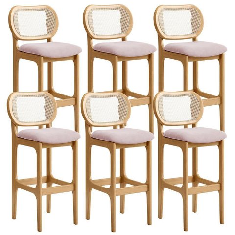 Kit 06 Banquetas Altas para Cozinha Bancada Sala Tela Betta Fixa L02 Suede Rosê - Lyam