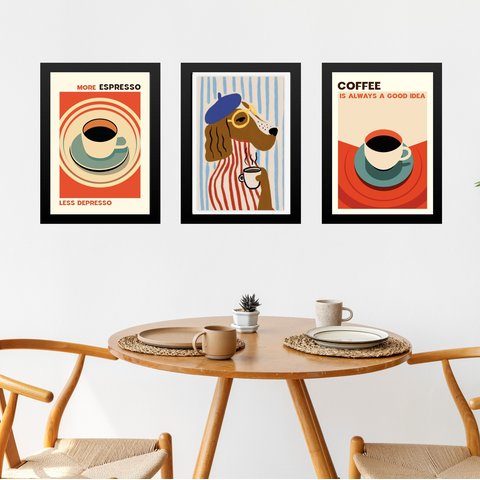 Kit 3 Quadros Decorativos para Cozinha Café Cão 45x34cm:moldura Preta