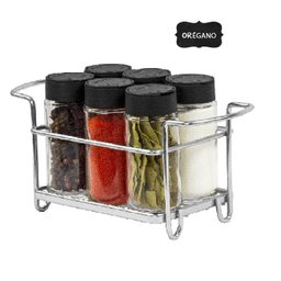 Porta Tempero Condimento 6 Potes Vidro Tampa Dosadora Suporte Cromado Organização Cozinha - 1