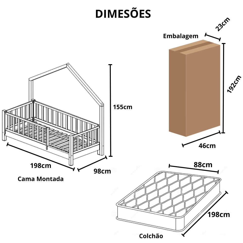 Bicama Solteirão Base Moldura Montessoriana Madeira Maciça Pinus - Branco - Grade Vertical Completa - 2